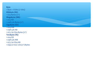 Byte
1 Byte = 8 bits (23
bits)
Kilobyte (Kb)
1 024 Bytes (210
)
Megabyte (Mb)
1 024 KB
1 048 576 Bytes (220
)
Gigabyte (Gb)
1 024 MB
1 048 576 KB
1 073 741 824 Bytes (230
)
Terabyte (Tb)
1 024 GB
1 048 576 MB
1 073 741 824 KB
1 099 511 627 776 (240
) Bytes
 