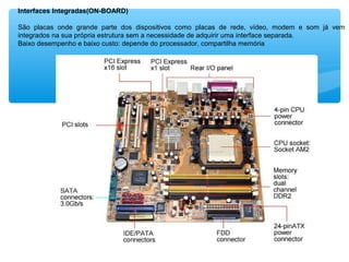 Interfaces Integradas(ON-BOARD)
São placas onde grande parte dos dispositivos como placas de rede, vídeo, modem e som já vem
integrados na sua própria estrutura sem a necessidade de adquirir uma interface separada.
Baixo desempenho e baixo custo: depende do processador, compartilha memória
 
