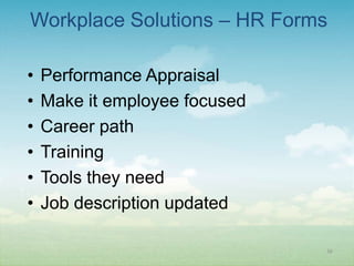 Workplace Solutions – HR Forms

•   Performance Appraisal
•   Make it employee focused
•   Career path
•   Training
•   Tools they need
•   Job description updated

                               36
 
