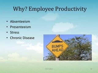 Why? Employee Productivity
•   Absenteeism
•   Presenteeism
•   Stress
•   Chronic Disease




                      CG Hylton   49
 