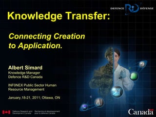 Connecting Creation to Application.   Albert Simard Knowledge Manager Defence R&D Canada INF0NEX Public Sector Human Resource Management January,18-21, 2011; Ottawa, ON Knowledge Transfer:  