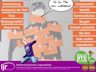 Ich bin Max
 Anerkennung                                                               vom mediascout                        Unwissenheit
Aneignung der Welt                                                                                                  Naivität
     Flow                                                                                                        Kommunikation
Bindungsvielfalt                                                                                                    Neugier
  Abgrenzung                                                                                                 Grenzen austesten
                                                                                                                    Hip Sein
                                                                                                                  Idole suchen
                                                                                                                 Jugendkultur




            Medienkompetente Jugendarbeit
            Kooperation zwischen Landesjugendring Niedersachsen und Niedersächsische Landesmedienanstalt              media    media
                                                                                                                       scout   projekt
            Quellen: JIM-Studie 2008/09/10, ARD/ZDF Onlinestudie 5/2009, BITKOM-Studie »Connected Worlds« 2010
 