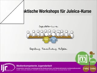Medienpraktische Workshops für Juleica-Kurse
   media




                                                   Jugendleiter-inn-en




                                   Begrüßung, Themenfindung, Aufgaben




           Medienkompetente Jugendarbeit
           Kooperation zwischen Landesjugendring Niedersachsen und Niedersächsische Landesmedienanstalt         media    media
                                                                                                                 scout   projekt
           Quellen: JIM-Studie 2008/09/10, ARD/ZDF Onlinestudie 5/2009, BITKOM-Studie »Connected Worlds« 2010
 