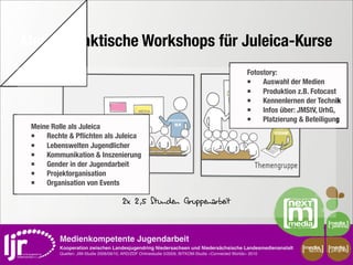 Medienpraktische Workshops für Juleica-Kurse
        media
                                                                                                     	       Fotostory:
                                                                                                     
       ▪
 Auswahl der Medien
                                                                                                     
       ▪
 Produktion z.B. Fotocast
                                                                                                     
       ▪
 Kennenlernen der Technik
                                                                                                     
       ▪
 Infos über: JMStV, UrhG,
                                                                                                     
       ▪
 Platzierung & Beteiligung
	    Meine Rolle als Juleica

    ▪
 Rechte & Pﬂichten als Juleica

    ▪
 Lebenswelten Jugendlicher

    ▪
 Kommunikation & Inszenierung

    ▪
 Gender in der Jugendarbeit

    ▪
 Projektorganisation

    ▪
 Organisation von Events

                                               2x 2,5 Stunden Gruppenarbeit


                Medienkompetente Jugendarbeit
                Kooperation zwischen Landesjugendring Niedersachsen und Niedersächsische Landesmedienanstalt                  media    media
                                                                                                                               scout   projekt
                Quellen: JIM-Studie 2008/09/10, ARD/ZDF Onlinestudie 5/2009, BITKOM-Studie »Connected Worlds« 2010
 