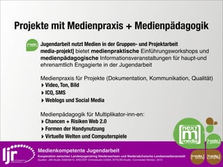 Projekte mit Medienpraxis + Medienpädagogik
   media     Jugendarbeit nutzt Medien in der Gruppen- und Projektarbeit
             media-projekt] bietet medienpraktische Einführungsworkshops und
             medienpädagogische Informationsveranstaltungen für haupt-und
             ehrenamtlich Engagierte in der Jugendarbeit

             Medienpraxis für Projekte (Dokumentation, Kommunikation, Qualität)
             ‣ Video, Ton, Bild
             ‣ ICQ, SMS
             ‣ Weblogs und Social Media
             Medienpädagogik für Multiplikator-inn-en:
             ‣ Chancen + Risiken Web 2.0
             ‣ Formen der Handynutzung
             ‣ Virtuelle Welten und Computerspiele
           Medienkompetente Jugendarbeit
           Kooperation zwischen Landesjugendring Niedersachsen und Niedersächsische Landesmedienanstalt         media    media
                                                                                                                 scout   projekt
           Quellen: JIM-Studie 2008/09/10, ARD/ZDF Onlinestudie 5/2009, BITKOM-Studie »Connected Worlds« 2010
 