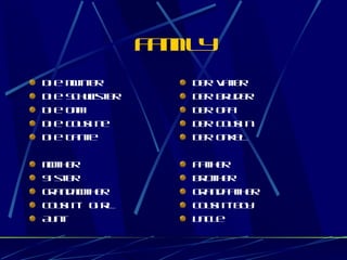 Family Die Mutter Die Schwester Die Oma Die Cousine Die Tante Mother Sister Grandmother Cousin- girl Aunt  Der Vater Der Bruder Der Opa Der Cousin Der Onkel Father Brother Grandfather Cousin-boy Uncle  