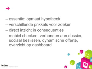  essentie: opmaat hypotheek verschillende prikkels voor zoeken direct inzicht in consequenties mobiel checken, verbonden aan dossier, sociaal beslissen, dynamische offerte, overzicht op dashboard 