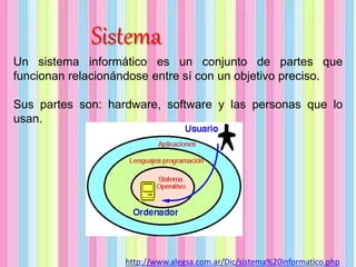 Sistema 
Un sistema informático es un conjunto de partes que 
funcionan relacionándose entre sí con un objetivo preciso. 
Sus partes son: hardware, software y las personas que lo 
usan. 
http://www.alegsa.com.ar/Dic/sistema%20informatico.php 
 