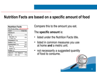 6
Nutrition Facts are based on a specific amount of food
Compare this to the amount you eat.
The specific amount is:
• listed under the Nutrition Facts title.
• listed in common measures you use
at home and a metric unit.
• not necessarily a suggested quantity
of food to consume.
 