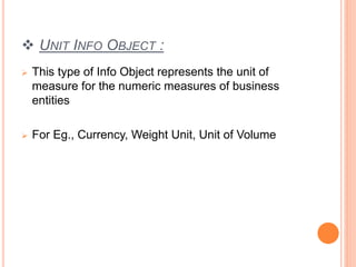  UNIT INFO OBJECT :
 This type of Info Object represents the unit of
measure for the numeric measures of business
entities
 For Eg., Currency, Weight Unit, Unit of Volume
 