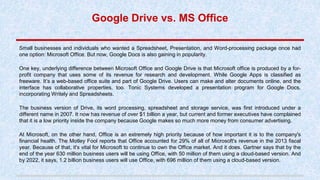 Google Drive vs. MS Office
Small businesses and individuals who wanted a Spreadsheet, Presentation, and Word-processing pa...