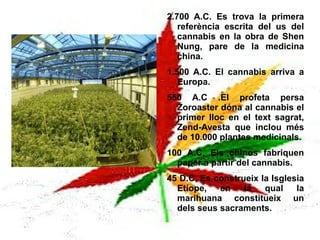 2.700 A.C. Es trova la primera referència escrita del us del cannabis en la obra de Shen Nung, pare de la medicina china. 