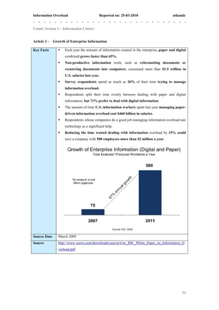 Information Overload                         Reported on: 25-03-2010                        athandz


Contd. Section 2 – Information Clutter


Article 2 -   Growth of Enterprise Information

Key Facts           Each year the amount of information created in the enterprise, paper and digital
                     combined grows faster than 65%.
                    Non-productive information work, such as reformatting documents or
                     reentering documents into computers, consumed more than $1.5 trillion in
                     U.S. salaries last year.
                    Survey respondents spend as much as 26% of their time trying to manage
                     information overload.
                    Respondents split their time evenly between dealing with paper and digital
                     information, but 71% prefer to deal with digital information.
                    The amount of time U.S. information workers spent last year managing paper-
                     driven information overload cost $460 billion in salaries.
                    Respondents whose companies do a good job managing information overload rate
                     technology as a significant help.
                    Reducing the time wasted dealing with information overload by 15% could
                     save a company with 500 employees more than $2 million a year.




Source Date      March 2009
Source           http://www.xerox.com/downloads/usa/en/n/nr_IDC_White_Paper_on_Information_O
                 verload.pdf




                                                                                                  11
 