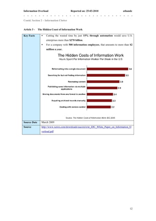 Information Overload                        Reported on: 25-03-2010                   athandz


Contd. Section 2 – Information Clutter


Article 3 -   The Hidden Coast of Information Work

Key Facts           Cutting the wasted time by just 15% through automation would save U.S.
                     enterprises more than $270 billion.
                    For a company with 500 information employees, that amounts to more than $2
                     million a year.




Source Date      March 2009
Source           http://www.xerox.com/downloads/usa/en/n/nr_IDC_White_Paper_on_Information_O
                 verload.pdf




                                                                                            12
 