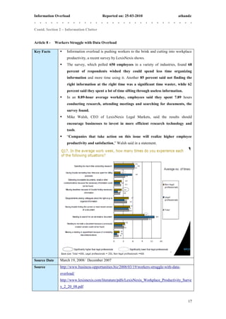 Information Overload                       Reported on: 25-03-2010                          athandz


Contd. Section 2 – Information Clutter


Article 8 -   Workers Struggle with Data Overload

Key Facts           Information overload is pushing workers to the brink and cutting into workplace
                     productivity, a recent survey by LexisNexis shows.
                    The survey, which polled 650 employees in a variety of industries, found 68
                     percent of respondents wished they could spend less time organizing
                     information and more time using it. Another 85 percent said not finding the
                     right information at the right time was a significant time waster, while 62
                     percent said they spent a lot of time sifting through useless information.
                    In an 8.89-hour average workday, employees said they spent 7.89 hours
                     conducting research, attending meetings and searching for documents, the
                     survey found.
                    Mike Walsh, CEO of LexisNexis Legal Markets, said the results should
                     encourage businesses to invest in more efficient research technology and
                     tools.
                    ―Companies that take action on this issue will realize higher employee
                     productivity and satisfaction,‖ Walsh said in a statement.




Source Date      March 19, 2008/ December 2007
Source           http://www.business-opportunities.biz/2008/03/19/workers-struggle-with-data-
                 overload/
                 http://www.lexisnexis.com/literature/pdfs/LexisNexis_Workplace_Productivity_Surve
                 y_2_20_08.pdf


                                                                                                  17
 