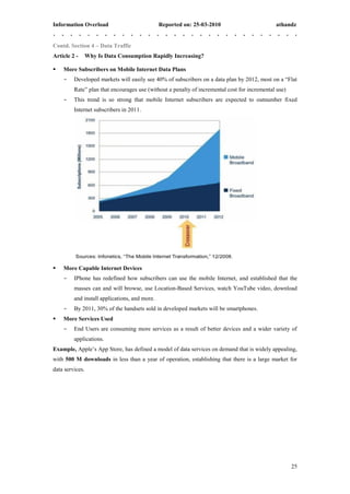 Information Overload                           Reported on: 25-03-2010                        athandz


Contd. Section 4 – Data Traffic
Article 2 -      Why Is Data Consumption Rapidly Increasing?

   More Subscribers on Mobile Internet Data Plans
    -    Developed markets will easily see 40% of subscribers on a data plan by 2012, most on a ―Flat
         Rate‖ plan that encourages use (without a penalty of incremental cost for incremental use)
    -    This trend is so strong that mobile Internet subscribers are expected to outnumber fixed
         Internet subscribers in 2011.




   More Capable Internet Devices
    -    IPhone has redefined how subscribers can use the mobile Internet, and established that the
         masses can and will browse, use Location-Based Services, watch YouTube video, download
         and install applications, and more.
    -    By 2011, 30% of the handsets sold in developed markets will be smartphones.
   More Services Used
    -    End Users are consuming more services as a result of better devices and a wider variety of
         applications.
Example, Apple’s App Store, has defined a model of data services on demand that is widely appealing,
with 500 M downloads in less than a year of operation, establishing that there is a large market for
data services.




                                                                                                      25
 
