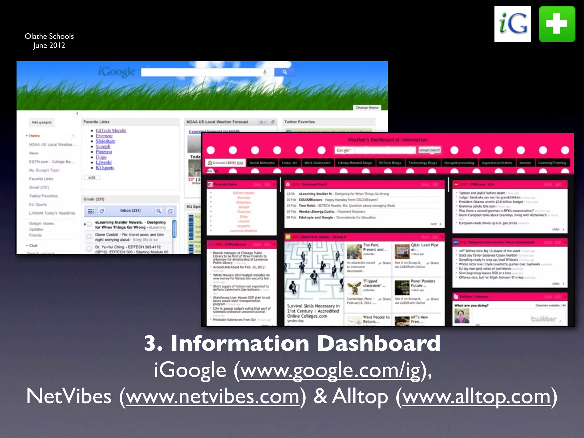 Olathe Schools
  June 2012




           3. Information Dashboard
            iGoogle (www.google.com/ig),
NetVibes (www.netvibes.com) & Alltop (www.alltop.com)
 