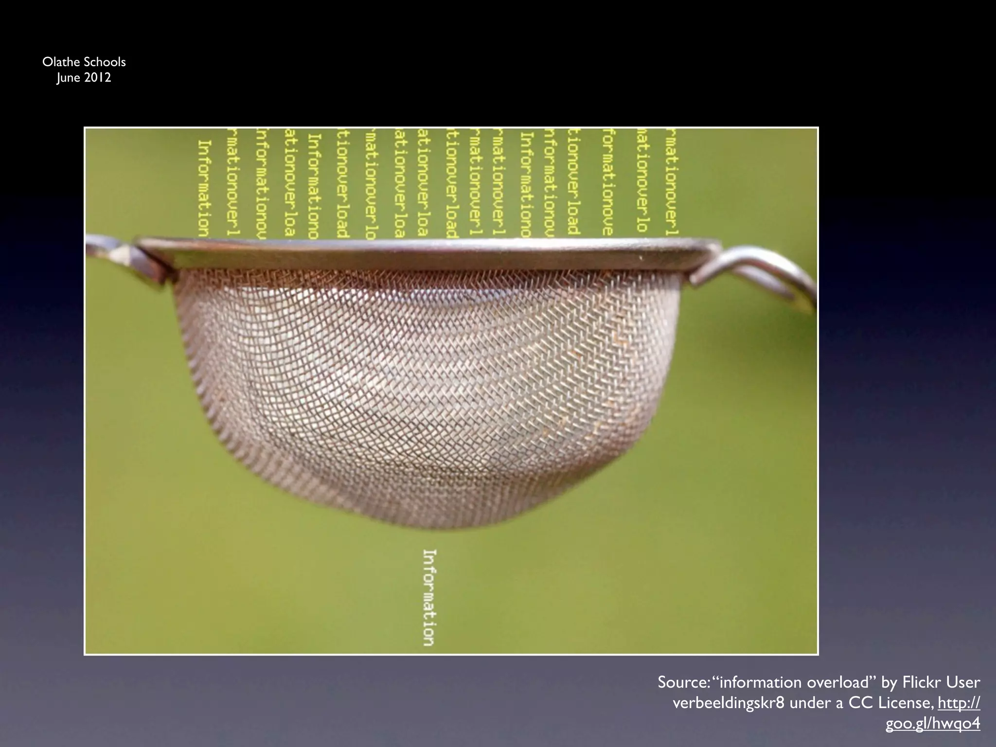 Olathe Schools
  June 2012




                 Source: “information overload” by Flickr User
                   verbeeldingskr8 under a CC License, http://
                                                 goo.gl/hwqo4
 