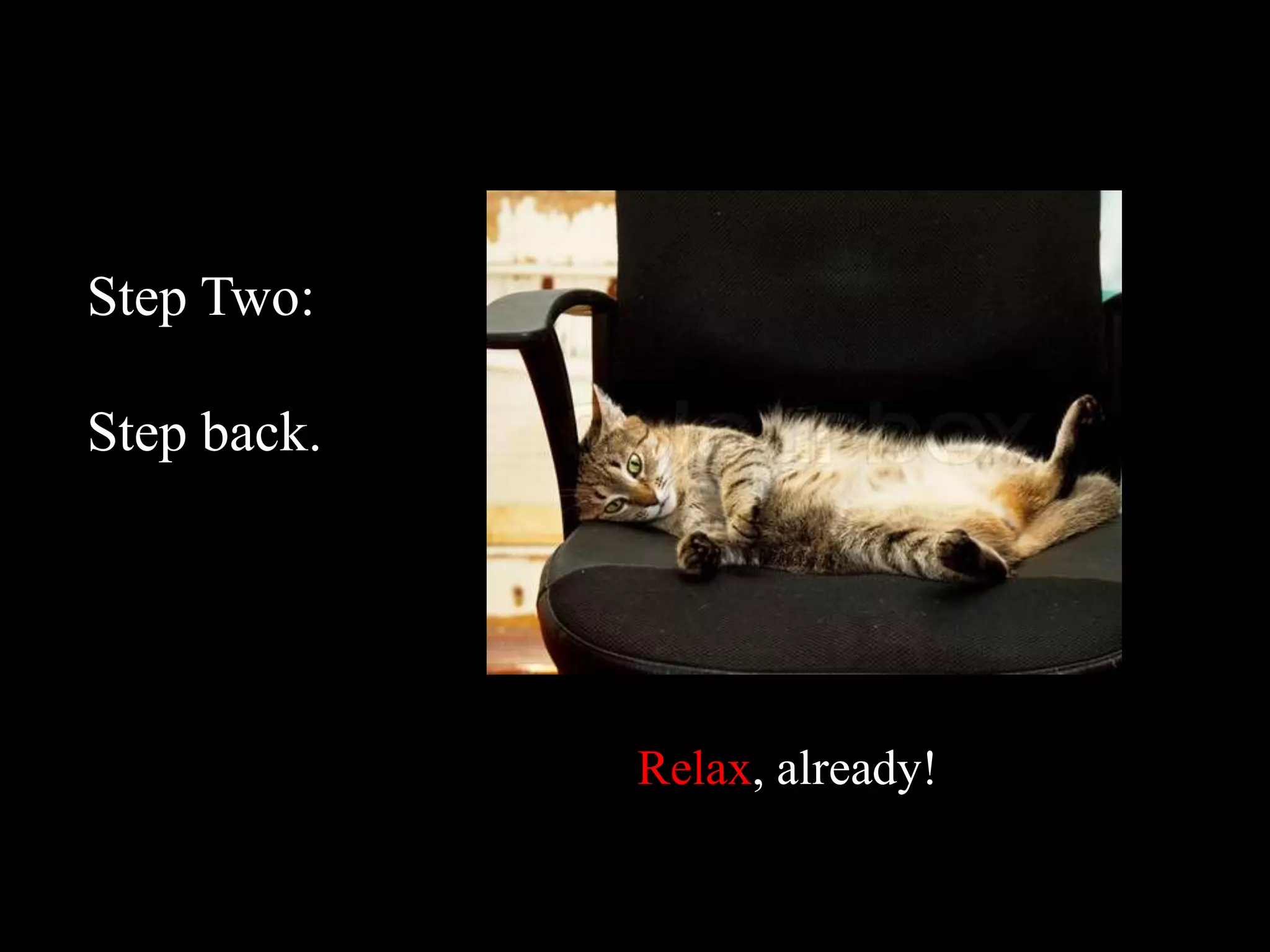 Step Two:

Step back.




             Relax, already!
 