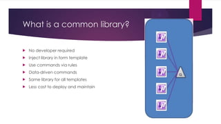 What is a common library?


No developer required



Inject library in form template



Use commands via rules



Data-driven commands



Same library for all templates



Less cost to deploy and maintain

 