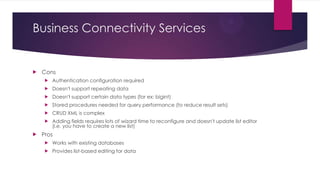 Business Connectivity Services



Cons



Doesn't support repeating data



Doesn't support certain data types (for ex: bigint)



Stored procedures needed for query performance (to reduce result sets)



CRUD XML is complex





Authentication configuration required

Adding fields requires lots of wizard time to reconfigure and doesn't update list editor
(i.e. you have to create a new list)

Pros


Works with existing databases



Provides list-based editing for data

 