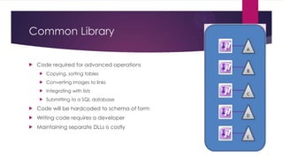 Common Library


Code required for advanced operations


Copying, sorting tables



Converting images to links



Integrating with lists



Submitting to a SQL database



Code will be hardcoded to schema of form



Writing code requires a developer



Maintaining separate DLLs is costly

 