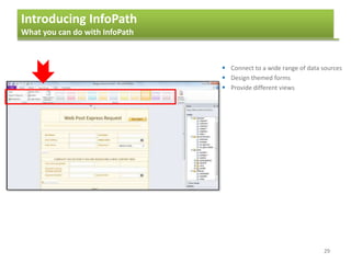 Introducing InfoPath
What you can do with InfoPath
29
 Connect to a wide range of data sources
 Design themed forms
 Provide different views
 