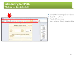 Introducing InfoPath
What you can do with InfoPath
30
 Connect to a wide range of data sources
 Design themed forms
 Provide different views
 Use a rich array of tools to capture data
 