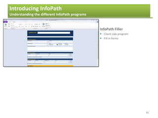 Introducing InfoPath
Understanding the different InfoPath programs
33
InfoPath Filler
 Client side program
 Fill in forms
 