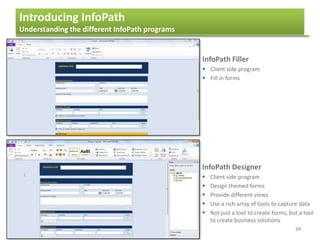 Introducing InfoPath
Understanding the different InfoPath programs
34
InfoPath Filler
 Client side program
 Fill in forms
InfoPath Designer
 Client side program
 Design themed forms
 Provide different views
 Use a rich array of tools to capture data
 Not just a tool to create forms, but a tool
to create business solutions
 