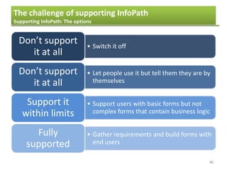 40
• Switch it off
Don’t support
it at all
• Let people use it but tell them they are by
themselves
Don’t support
it at all
• Support users with basic forms but not
complex forms that contain business logic
Support it
within limits
• Gather requirements and build forms with
end users
Fully
supported
The challenge of supporting InfoPath
Supporting InfoPath: The options
 