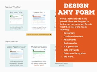 frevvo’s forms include many
powerful features designed so
businesses can create any form to
meet their real-world needs,
including:
• Calculations
• Conditional sections
• Attachments
• Business rules
• PDF generation
• Data entry grids
• Data-based integration
• and more…
 