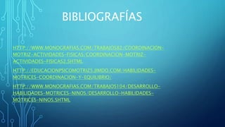 BIBLIOGRAFÍAS
HTTP://WWW.MONOGRAFIAS.COM/TRABAJOS82/COORDINACION-
MOTRIZ-ACTIVIDADES-FISICAS/COORDINACION-MOTRIZ-
ACTIVIDADES-FISICAS2.SHTML
HTTP://EDUCACIONPSICOMOTRIZ5.JIMDO.COM/HABILIDADES-
MOTRICES-COORDINACION-Y-EQUILIBRIO/
HTTP://WWW.MONOGRAFIAS.COM/TRABAJOS104/DESARROLLO-
HABILIDADES-MOTRICES-NINOS/DESARROLLO-HABILIDADES-
MOTRICES-NINOS.SHTML
 