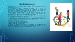 Tipos de coordinación:
Atendiendo a las partes del cuerpo que intervienen en el
podemos distinguir:
-Coordinación dinámica general: Aquella que agrupa los
movimientos que requieren una acción conjunta de todas las
del cuerpo. Intervienen gran cantidad de segmentos y músculos y
por tanto gran cantidad de unidades neuromotora.
-Coordinación óculo-manual y óculo-pédica: Aquella que va
a las manos o pies. Los ejercicios para desarrollarlas van
encaminados a los lanzamientos y las recepciones.
-Coordinación dinámico-manual: Corresponde sal movimiento
bimanual que se efectúa con precisión.
La coordinación dinámica general, sirve de base a todos los
movimientos, estando presente en todas las habilidades básicas.
Se pretende que el movimiento cumpla su finalidad con el mínimo
gasto. Características propias de la coordinación son:
La precisión en la ejecución.
Su realización con el mínimo gasto.
La facilidad y seguridad de ejecución.
Grado o nivel de Automatismo.
A través de los ejercicios de coordinación se desarrollan las
diferentes habilidades y destrezas corporales en relación con el
movimiento: General, óculo-manual y óculo-pédica.
 