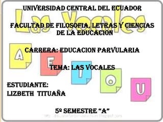 UNIVERSIDAD CENTRAL DEL ECUADOR

FACULTAD DE FILOSOFIA, LETRAS Y CIENCIAS
            DE LA EDUCACION

    CARRERA: EDUCACION PARVULARIA

          TEMA: las vocales

estudiante:
LIZBETH TITUAÑA

            5º SEMESTRE “A”
 