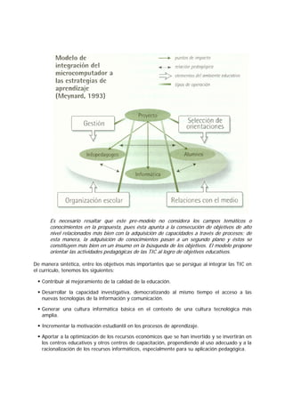 Es necesario resaltar que este pre-modelo no considera los campos temáticos o
       conocimientos en la propuesta, pues ésta apunta a la consecución de objetivos de alto
       nivel relacionados más bien con la adquisición de capacidades a través de procesos; de
       esta manera, la adquisición de conocimientos pasan a un segundo plano y éstos se
       constituyen más bien en un insumo en la búsqueda de los objetivos. El modelo propone
       orientar las actividades pedagógicas de las TIC al logro de objetivos educativos.

De manera sintética, entre los objetivos más importantes que se persigue al integrar las TIC en
el currículo, tenemos los siguientes:

   Contribuir al mejoramiento de la calidad de la educación.

   Desarrollar la capacidad investigativa, democratizando al mismo tiempo el acceso a las
   nuevas tecnologías de la información y comunicación.

   Generar una cultura informática básica en el contexto de una cultura tecnológica más
   amplia.

   Incrementar la motivación estudiantil en los procesos de aprendizaje.

   Aportar a la optimización de los recursos económicos que se han invertido y se invertirán en
   los centros educativos y otros centros de capacitación, propendiendo al uso adecuado y a la
   racionalización de los recursos informáticos, especialmente para su aplicación pedagógica.
 
