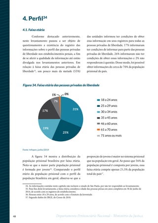 48 Departamento Penitenciário Nacional - Ministério da Justiça
4. Perfil34
l1
234
34. As informações contidas neste capítulo não incluem o estado de São Paulo, por não ter respondido ao levantamento.
35. Para fins deste levantamento, a faixa etária considera a idade das pessoas presas em anos completos em 30 de junho de
2014, de acordo com os registros do estabelecimento.
36. Pessoas entre 18 e 29 anos, de acordo com o Estatuto da Juventude.
37. Segundo dados do IBGE, do Censo de 2010.
4.1. Faixa etária
Conforme destacado anteriormente,
neste levantamento passou a ser objeto de
questionamento a existência do registro das
informações sobre o perfil das pessoas privadas
de liberdade nos estabelecimentos penais, a fim
de se aferir a qualidade da informação até então
divulgada nos levantamentos anteriores. Em
relação à faixa etária das pessoas privadas de
liberdade35
, um pouco mais da metade (55%)
das unidades informou ter condições de obter
essa informação em seus registros para todas as
pessoas privadas de liberdade, 17% informaram
ter condições de informar para parte das pessoas
privadas de liberdade, 26% informaram não ter
condições de obter essas informações e 2% não
responderam à questão. Desse modo, foi possível
obter informações de cerca de 70% da população
prisional do país.
A figura 34 mostra a distribuição da
população prisional brasileira por faixa etária.
Nota-se que a maior parte população prisional
é formada por jovens36
. Comparando o perfil
etário da população prisional com o perfil da
população brasileira em geral, observa-se que a
proporção de jovens é maior no sistema prisional
que na população em geral. Ao passo que 56% da
população prisional é composta por jovens, essa
faixa etária compõe apenas 21,5% da população
total do país37
.
Figura 34. Faixa etária das pessoas privadas de liberdade
18 a 24 anos
25 a 29 anos
30 a 34 anos
35 a 45 anos
46 a 60 anos
61 a 70 anos
71 anos ou mais
31%
25%
19%
17%
7%
0%1%
Fonte: Infopen, junho/2014
 