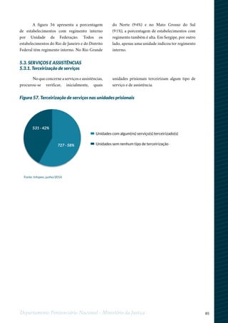 85Departamento Penitenciário Nacional - Ministério da Justiça
Fonte: Infopen, junho/2014
A figura 56 apresenta a porcentagem
de estabelecimentos com regimento interno
por Unidade da Federação. Todos os
estabelecimentos do Rio de Janeiro e do Distrito
Federal têm regimento interno. No Rio Grande
5.3. SERVIÇOS E ASSISTÊNCIAS
5.3.1. Terceirização de serviços
do Norte (94%) e no Mato Grosso do Sul
(91%), a porcentagem de estabelecimentos com
regimento também é alta. Em Sergipe, por outro
lado, apenas uma unidade indicou ter regimento
interno.
No que concerne a serviços e assistências,
procurou-se verificar, inicialmente, quais
unidades prisionais terceirizam algum tipo de
serviço e de assistência.
Figura 57. Terceirização de serviços nas unidades prisionais
Unidades com algum(ns) serviço(s) terceirizado(s)
Unidades sem nenhum tipo de terceirização
531 - 42%
727 - 58%
 