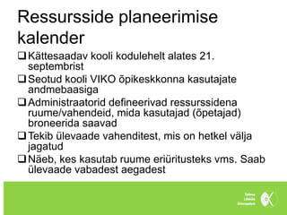 Ressursside planeerimise
kalender
 Kättesaadav kooli kodulehelt alates 21.
  septembrist
 Seotud kooli VIKO õpikeskkonna kasutajate
  andmebaasiga
 Administraatorid defineerivad ressurssidena
  ruume/vahendeid, mida kasutajad (õpetajad)
  broneerida saavad
 Tekib ülevaade vahenditest, mis on hetkel välja
  jagatud
 Näeb, kes kasutab ruume eriüritusteks vms. Saab
  ülevaade vabadest aegadest
 