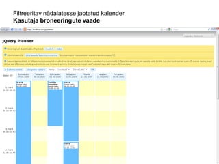 Filtreeritav nädalatesse jaotatud kalender
Kasutaja broneeringute vaade
 