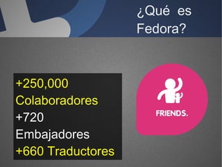 ¿Qué es Fedora? +250,000 Colaboradores +720 Embajadores +660 Traductores 