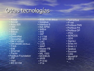Otras tecnologías
• A­bus
• Arcnet
• Arinc 625
• ASI
• Batibus
• Bitbus
• CAN
• ControlNet
• DeviceNet
• DIN V 43322
• DIN 66348  (Meßbus)
• FAIS
• EIB
• Ethernet
• Factor
• Fieldbus Foundation
• FIP
• Hart
• IEC 61158

• IEEE 1118  (Bitbus)
• Instabus
*• Interbus­S
• ISA SP50
• IsiBus
• IHS
• ISP
• J­1708
• J­1850
• LAC
* • LON
• MAP
• Master FB
• MB90
• MIL 1553
• MODBUS
* • MVB
• P13/42
• P14

• Partnerbus
• P­net
• Profibus­FMS
*
• Profibus­PA
• Profibus­DP
• PDV
• SERCOS
• SDS
• Sigma­i
• Sinec H1
• Sinec L1
• Spabus
• Suconet
• VAN
• WorldFIP
• ZB10
• ...

 