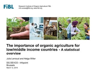 Research Institute of Organic Agriculture FiBL
info.suisse@fibl.org, www.fibl.org
The importance of organic agriculture for
low/middle income countries - A statistical
overview
Julia Lernoud and Helga Willer
March 12, 2018
Brussels
DG DEVCO - Infopoint
 