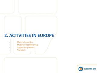 2. ACTIVITIES IN EUROPE
  -   Material donation
  -   Material reconditioning
  -   Supportive partners
  -   Transport
 