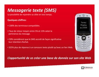 Messagerie texte (SMS)
La possibilité de rejoindre sa cible en tout temps.

Quelques chiffres:

• 100% des terminaux compatibles.

• Taux de retour moyen entre 5% et 15% selon la
 pertinence du message.

• 59% considèrent que le SMS accroît de façon significative
 leur intention d’achat.

• 325% plus de réponse à un concours texto plutôt qu’avec un lien Web.



L’opportunité de ce créer une base de donnée sur son site Web
 