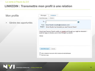 STRATÉGIE INTERACTIVE – NVISOLUTIONS.COM
LINKEDIN : Transmettre mon profil à une relation
18
La vente à l’heure du 2.0
Mon profile
> Génère des opportunités
 
