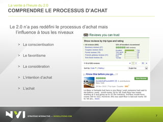 STRATÉGIE INTERACTIVE – NVISOLUTIONS.COM
COMPRENDRE LE PROCESSUS D’ACHAT
7
La vente à l’heure du 2.0
Le 2.0 n’a pas redéfini le processus d’achat mais
l’influence à tous les niveaux
> La conscientisation
> Le favoritisme
> La considération
> L’intention d’achat
> L’achat
 