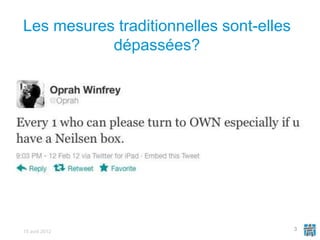 Les mesures traditionnelles sont-elles
           dépassées?




15 avril 2012                            3
 
