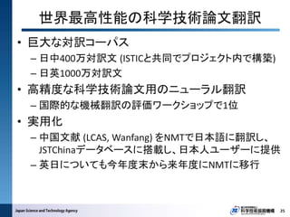 世界最高性能の科学技術論文翻訳
25
• 巨大な対訳コーパス
– 日中400万対訳文 (ISTICと共同でプロジェクト内で構築)
– 日英1000万対訳文
• 高精度な科学技術論文用のニューラル翻訳
– 国際的な機械翻訳の評価ワークショップで1位
• 実用化
– 中国文献 (LCAS, Wanfang) をNMTで日本語に翻訳し、
JSTChinaデータベースに搭載し、日本人ユーザーに提供
– 英日についても今年度末から来年度にNMTに移行
 