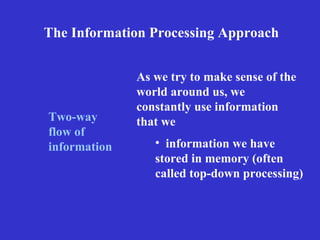 The Information Processing Approach Two-way flow of information As we try to make sense of the world around us, we constantly use information that we information we have stored in memory (often called top-down processing) 